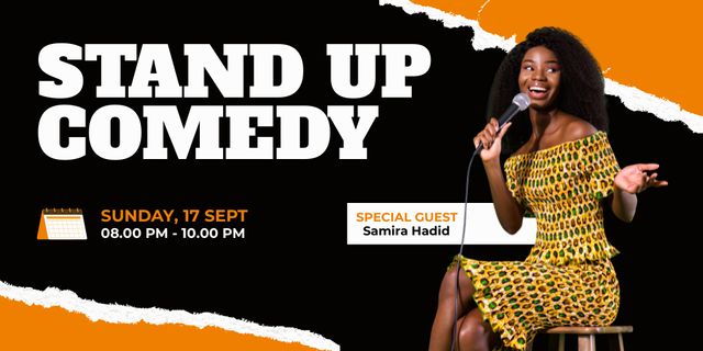 Cheerful African American Woman on Comedy Show Twitterデザインテンプレート