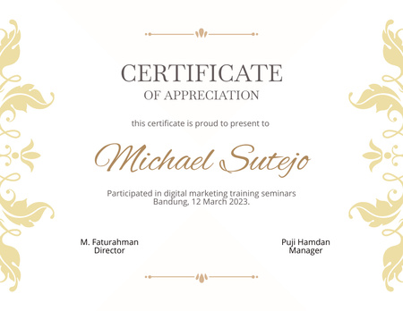 Prêmio por Participação em Seminários de Marketing Digital com Enfeites Amarelos Certificate Modelo de Design