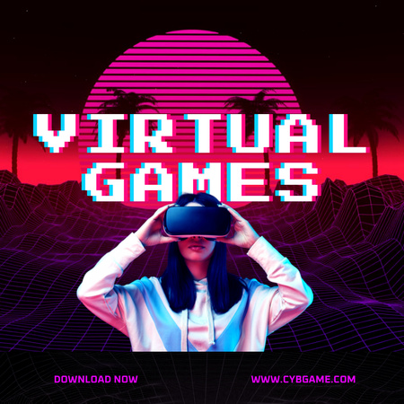 Designvorlage Werbung für virtuelle Spiele mit einer Frau in modernen Brillen für Instagram