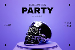 Halloween Party Ad with Silver Skull on Purple