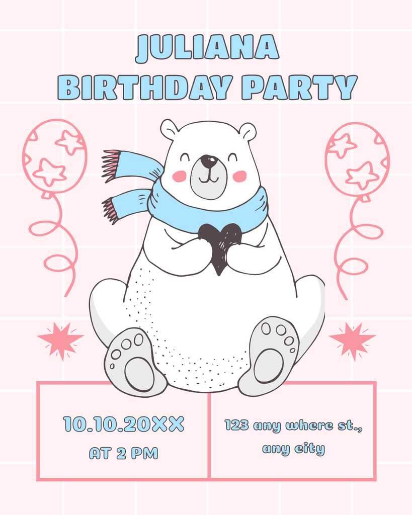 Kid's Birthday Party Invitation with Cute Teddy Bear on Pink Instagram Post Vertical Design Template