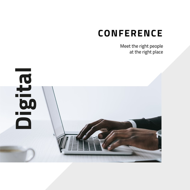 Business conference announcement with Man by Laptop Instagram Πρότυπο σχεδίασης