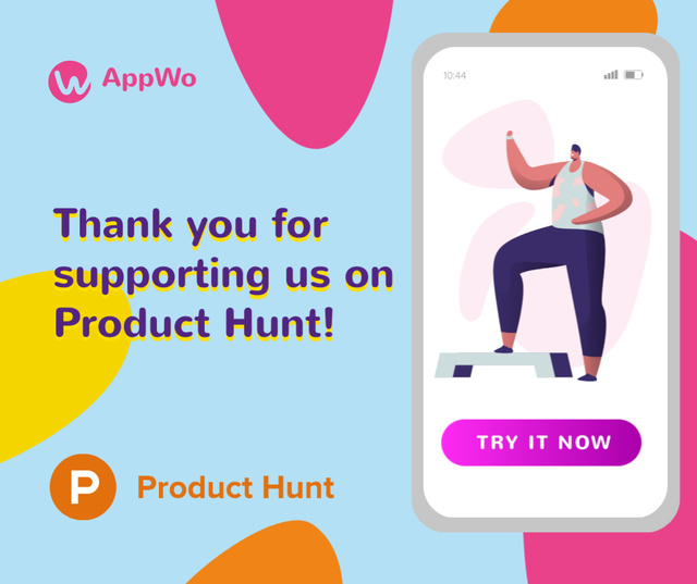 Product Hunt Promotion Fitness App Interface on Screen Facebookデザインテンプレート