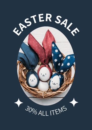 Easter Sale Announcement with Easter Chicken Eggs with Bunny Ears in Basket Flayer Design Template