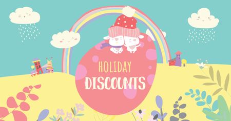 Easter Discounts with Cute Bunnies on Egg Facebook AD Design Template