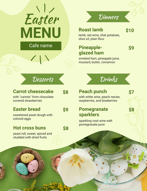 Easter Holiday Meals Offer on Green Menu 8.5x11in Tasarım Şablonu