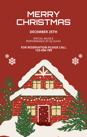 Designvorlage Weihnachtsfeier mit gemütlich dekoriertem roten Haus für Invitation 4.6x7.2in