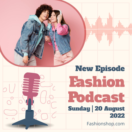 Fashion Podcast Announcement with Stylish Teen Couple  Podcast Cover Design Template