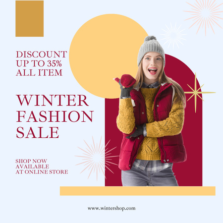 Designvorlage Winter Fashion Sale mit Frau in Handschuhen für Instagram