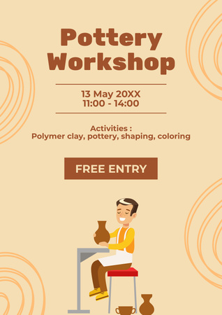 Pottery Workshop Invitation with Happy Man Creating Vase on Pottery Wheel Poster Design Template