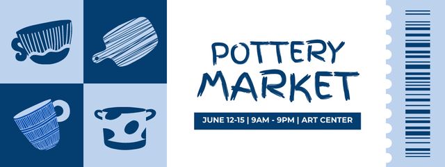 Pottery Market Announcement With Kitchenware Ticket Tasarım Şablonu