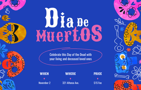 Dia de los Muertos Announcement With Skulls Illustration in Blue Invitation 4.6x7.2in Horizontal Design Template