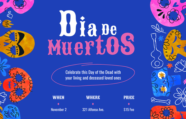 Modèle de visuel Dia de los Muertos Announcement With Skulls Illustration in Blue - Invitation 4.6x7.2in Horizontal