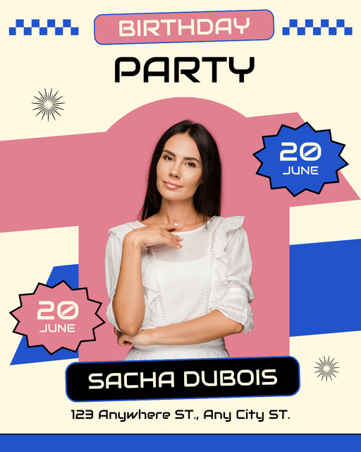 Birthday Party Invitation on Neutral Blue and Pink Instagram Post Vertical Tasarım Şablonu