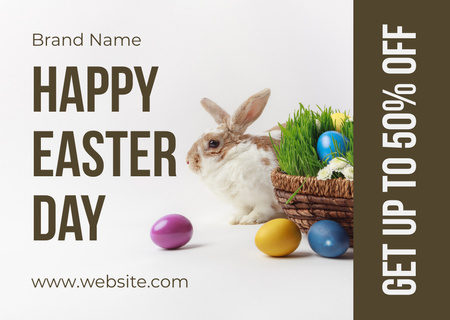 Easter Promo with Fluffy Easter Rabbit with Basket of Dyed Easter Eggs Card Design Template