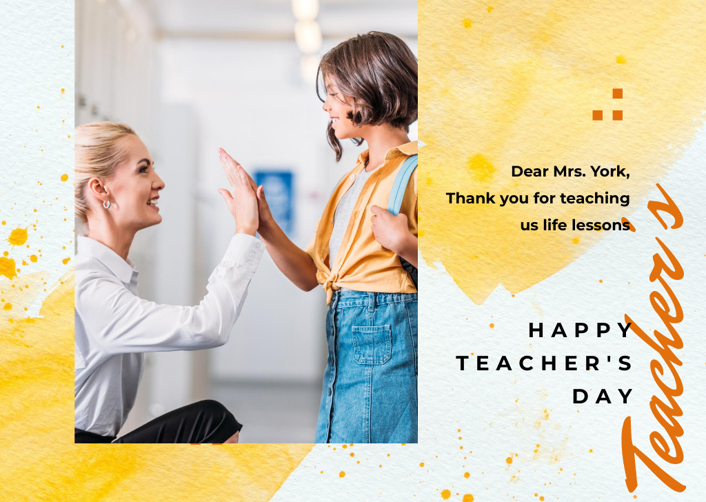 Teacher giving kid high five on Teacher's Day Postcard – шаблон для дизайну