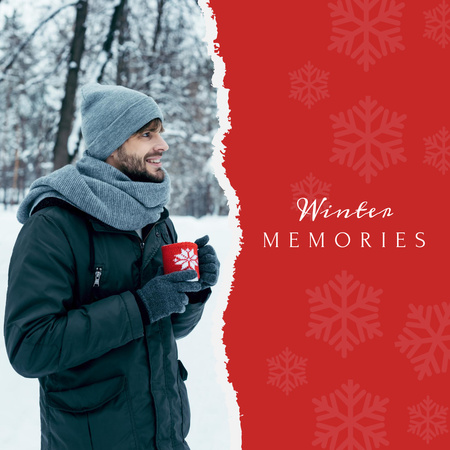 Modèle de visuel inspiration hivernale avec l'homme dans la forêt enneigée - Instagram