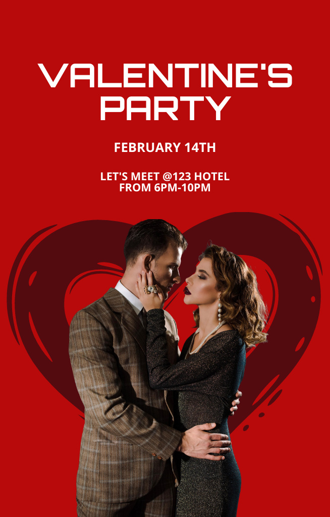 Valentine's Day Party Announcement with Couple on Red Invitation 4.6x7.2in Design Template