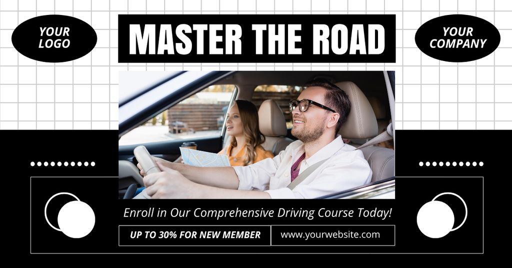 Ontwerpsjabloon van Facebook AD van Experienced Driving School With Discount For Membership And Slogan