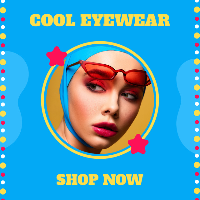 Trendy Eyewear Promotion on Blue Instagram Design Template