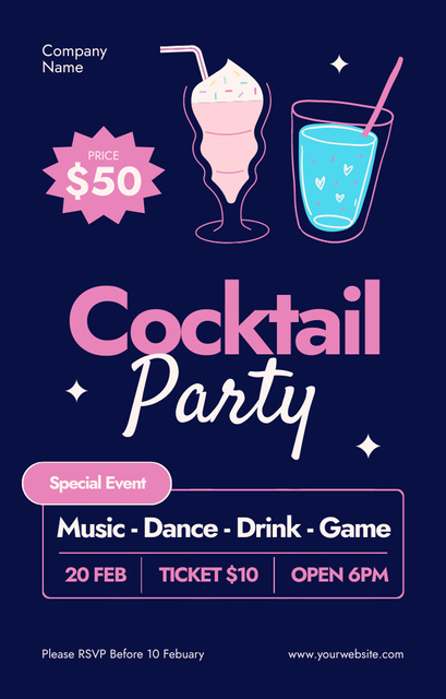 Cocktail Party Ad on Dark Blue Invitation 4.6x7.2in Πρότυπο σχεδίασης