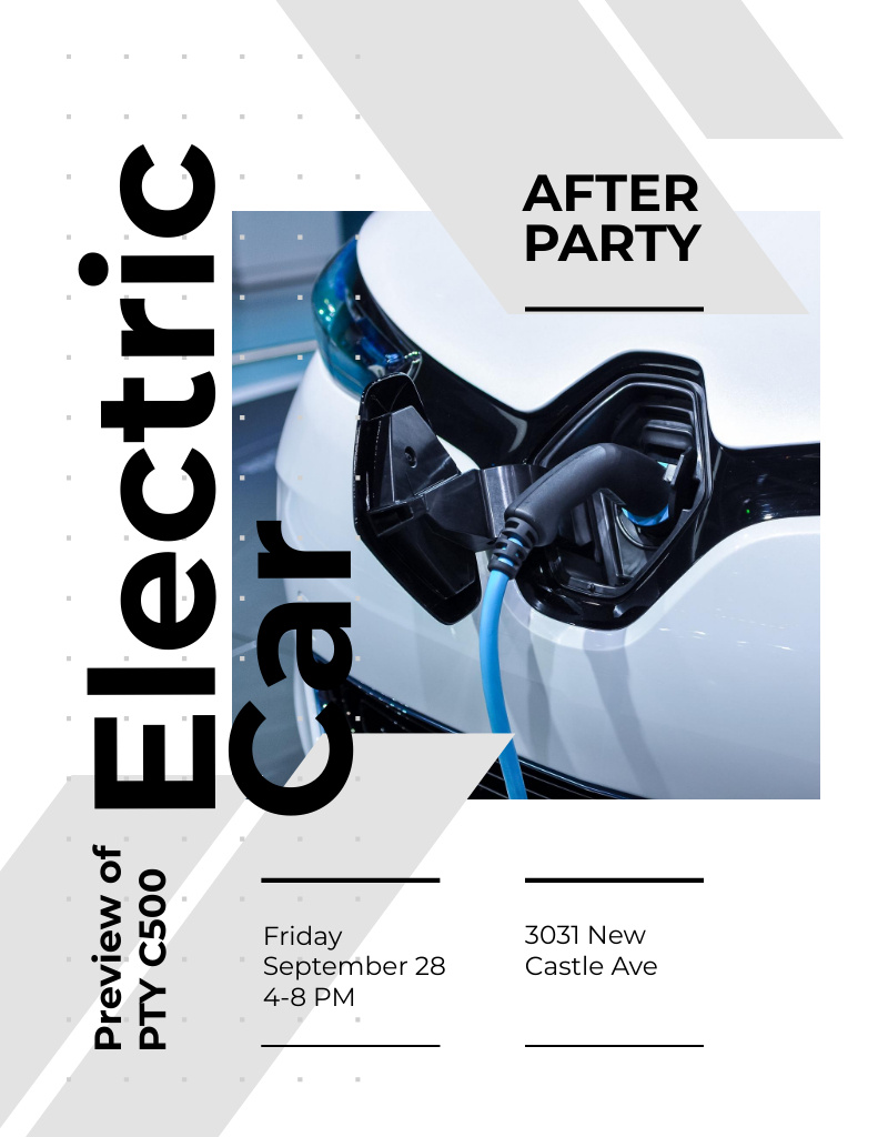 After Party invitation with Charging electric car Flyer 8.5x11in Design Template