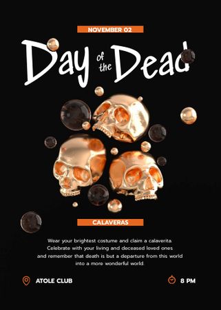 Day of the Dead Holiday Party Announcement with Golden Skulls Invitation tervezősablon