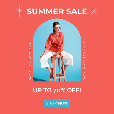 Summer Collection Ad with Stylish Woman Sitting in Chair Instagram Design Template