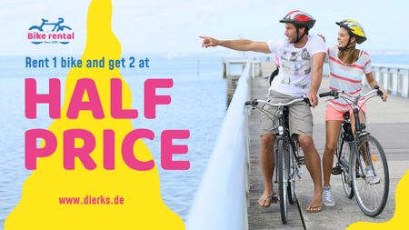 Designvorlage Bicycles Rent Promotion Couple Riding Bikes on Pier für Title