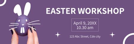 Plantilla de diseño de Anuncio de taller de Pascua con huevo morado en orejas de conejo Twitter 