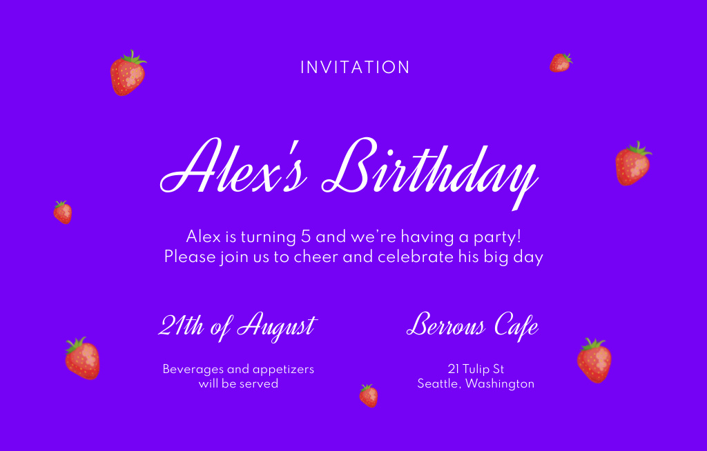 Template di design Birthday Party With Red Strawberries Invitation 4.6x7.2in Horizontal