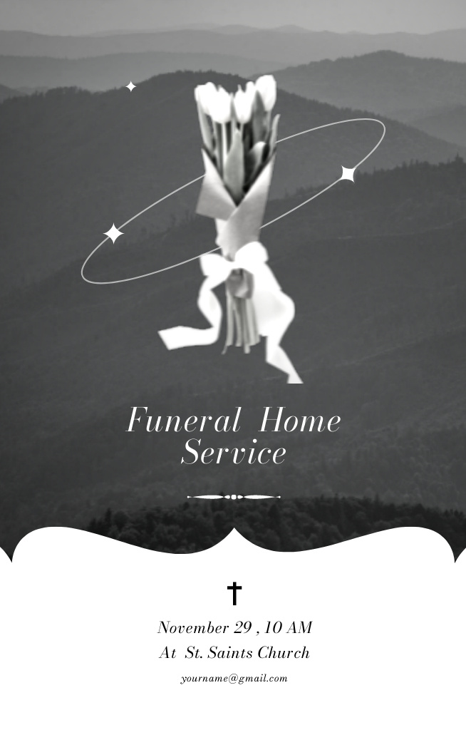 Funeral Announcement with Flowers Bouquet on Black and White Layout Invitation 4.6x7.2in tervezősablon