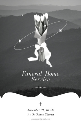 Funeral Announcement with Flowers Bouquet on Black and White Layout Invitation 4.6x7.2in Design Template