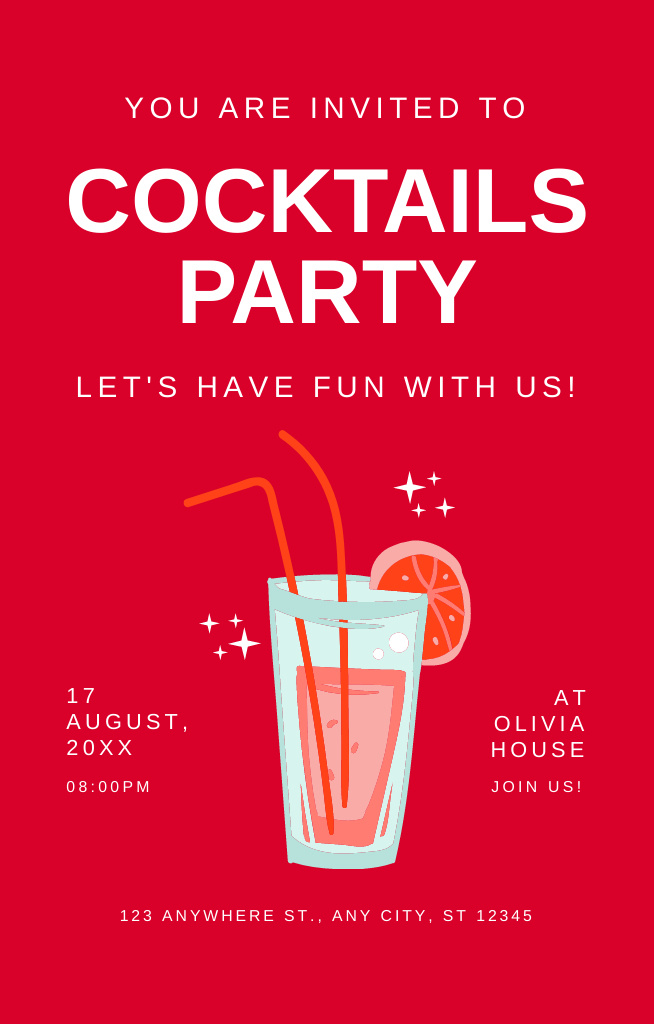 Cocktail Party Ad on Red Invitation 4.6x7.2in Tasarım Şablonu