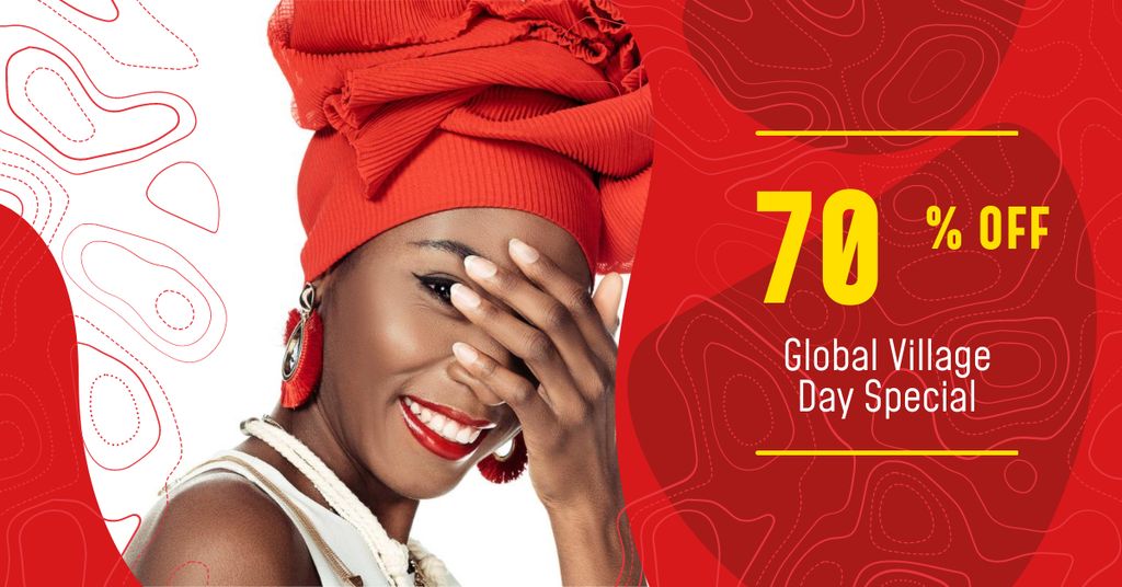 Szablon projektu Global Village Day Offer with Attractive Woman in Red Facebook AD