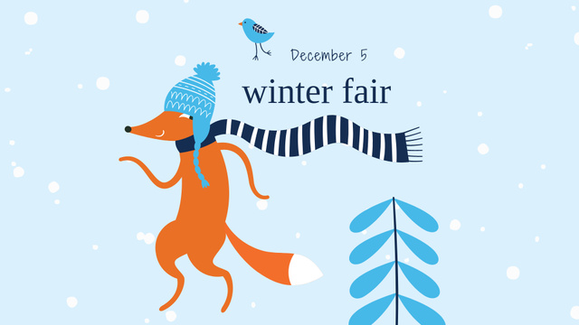 Winter Fair Announcement with Cute Fox in Scarf FB event cover – шаблон для дизайна