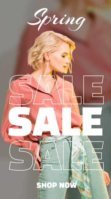 Spring Sale with Beautiful Young Blonde Woman Instagram Story Design Template