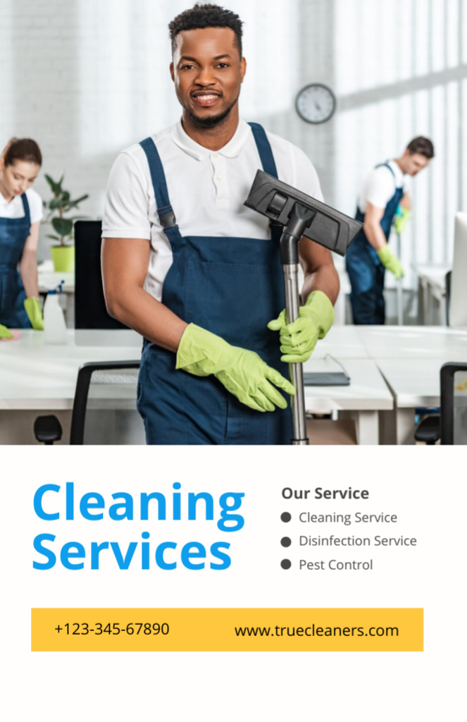 Cleaning Services Ad with Man in Uniform Flyer 5.5x8.5in Design Template