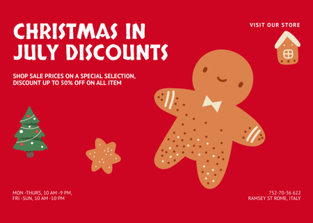 Platilla de diseño Christmas Discount Offer in July with Cute Gingerbread Man in Red Flyer 5x7in Horizontal