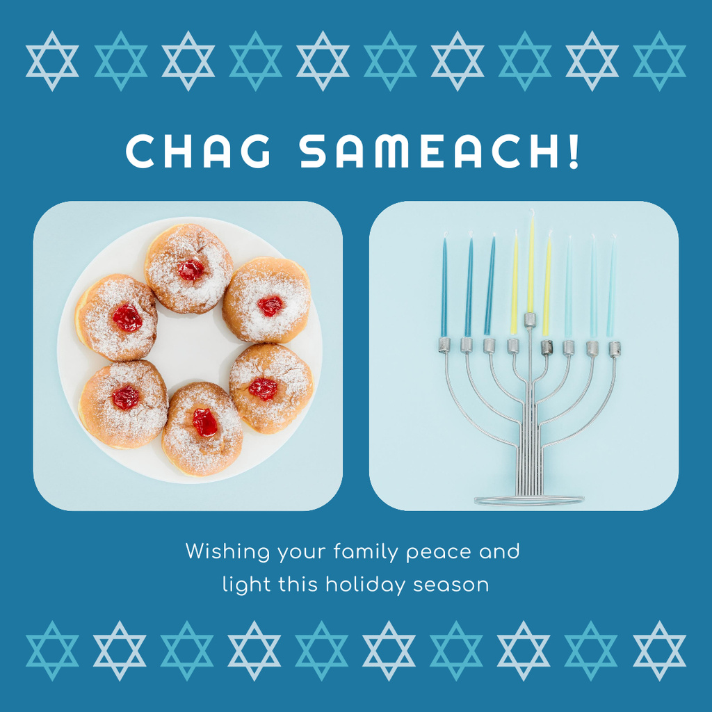 Warm Congrats On Hanukkah Holiday With Menorah and Doughnuts Instagram Design Template