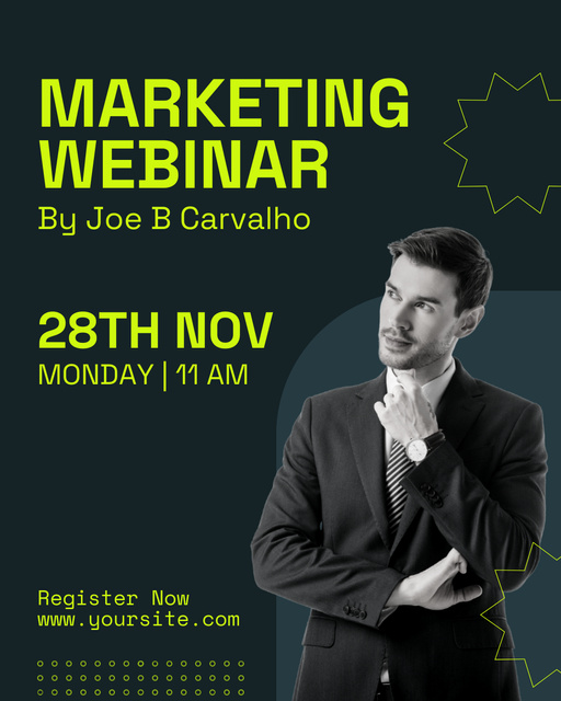 Marketing Webinar Announcement with Businessman in Suit on Green Instagram Post Vertical tervezősablon