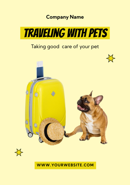Pet Travel Guide with Cute French Bulldog And Suitcase Flyer A5 Πρότυπο σχεδίασης