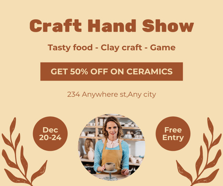 Craft Show Ad with Female Potter Decorating Ceramic Bowl in Workshop Facebook Design Template
