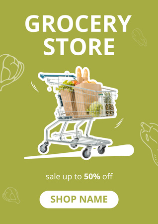 Grocery Store Sale Offer With Food In Trolley Poster Design Template