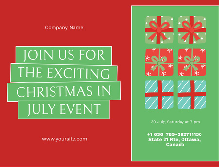 July Christmas Celebration Announcement With Presents on Green Postcard 4.2x5.5in Design Template