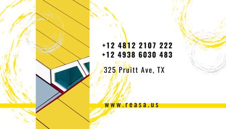 Designvorlage Anzeige der Immobilienagentur mit modernem Hausdach in Gelb für Business Card US