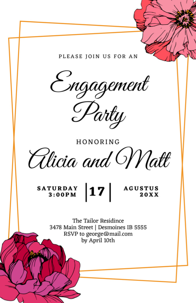 Ontwerpsjabloon van Invitation 5.5x8.5in van Engagement Announcement With Pink Flowers Illustration