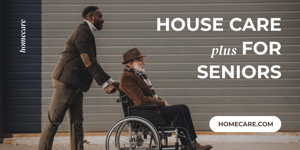 Ad of Compassionate House Care for Seniors with Elder Man on Wheelchair Twitter Design Template