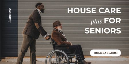 Ontwerpsjabloon van Twitter van Advertentie van meelevende huiszorg voor senioren met een oudere man in een rolstoel