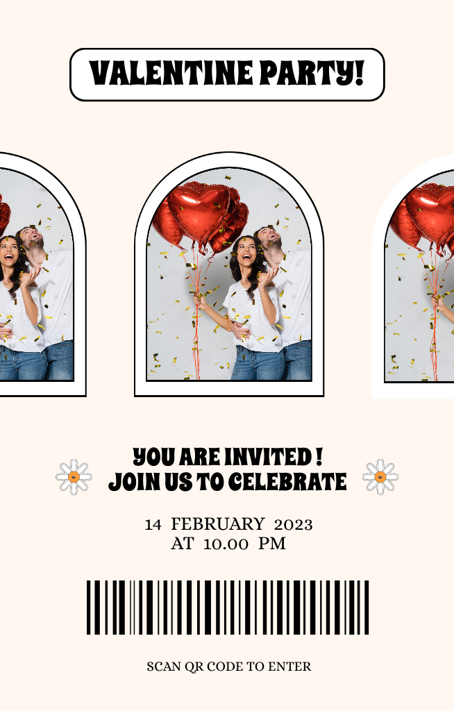 Festive Valentine's Party with Cheerful Couple in Love Invitation 4.6x7.2inデザインテンプレート